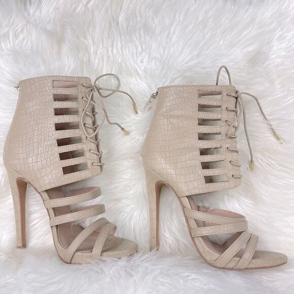 bebe | strappy open toe cream sandal stiletto 7.0 4” heel back zipper closure. - Picture 1 of 10